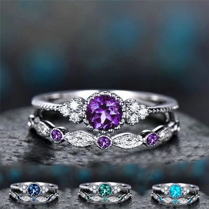 Vintage Legering Zirconia Ring Set Hoofdring En Band Paars Groen Blauw Zirconia Trouwringen Voor Vrouwen Sieraden