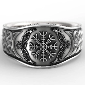 Anillo de brújula vikinga vintage con símbolo Aegishjalmur y relieve de cuervo de Odín