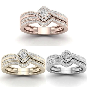 Set di anelli con zirconi taglio princess in oro rosa, oro e argento per coppie e amanti