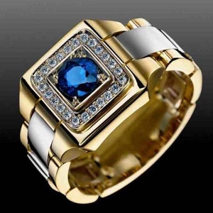 Bague de luxe pour homme avec saphir bleu et anneau bicolore en métal doré et argenté