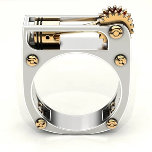 Bague mécanique bicolore argent et or au design industriel de moteur steampunk