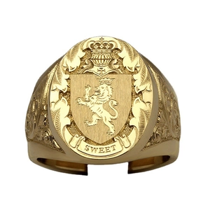 Men's 18k gold crown lion shield signet ring with vintage floral carvings