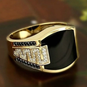 Men's Hip Hop Punk Ring Gold Silver Plated Cupronickel Black Enamel Signet Ring With White Black Cubic Zirconia Greek Key
