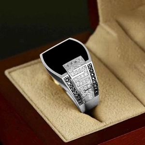Men's Masonic signet ring in silver with black onyx stone and pavé zircon accents