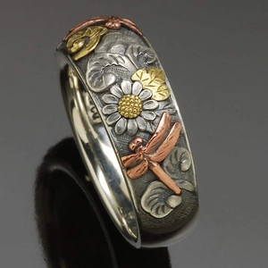 Vintage Alloy Carved Embossed Flower Dragonfly Sunflower Open Finger Ring Unisex Retro Multitone Oxidized Floral Statement Ring Jewelry