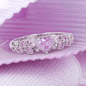 Squisito anello a cuore in argento con zaffiro blu e pietre laterali a forma di foglia