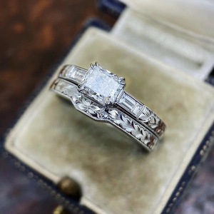 Vintage stackable ring set with rectangle crystal and intricate floral engraving