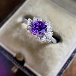 Women's flower ring with purple cushion cut crystal and sparkling round accents