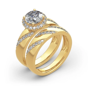 Ensemble de bagues de mariage dorées de luxe avec un grand oxyde de zirconium rond