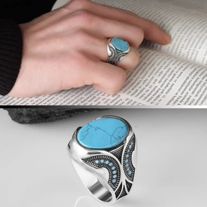 Retro men's silver ring with large oval turquoise stone and intricate geometric carvings