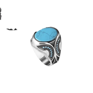 Vintage oxidized silver ring with large oval turquoise stone and blue side accents