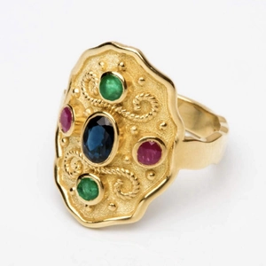 Bague vintage plaquée or avec saphir bleu ovale et pierres précieuses colorées