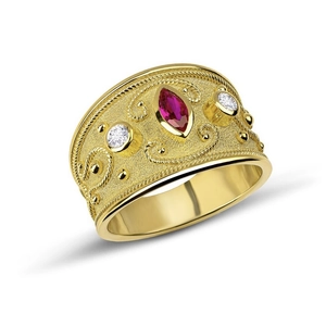 Bague style cour dorée vintage avec rubis marquise et pierres de zircon blanc
