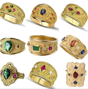 Bague en Alliage Style Cour Rétro Doré Mat Pierres Gemmes Colorées Design Byzantin Bijoux pour Femmes Banquet Fête