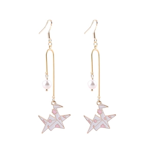 Japanese style golden drop oil crane earrings with white pearls on a clean white background