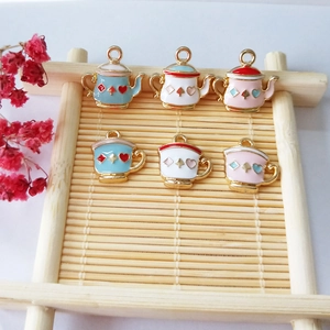 6-piece set of alloy teapot and teacup charms with playing card suits for DIY jewelry