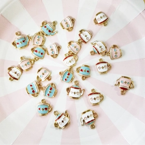 Alloy tea pot and cup charms with poker patterns for DIY necklace jewelry making
