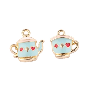 Pastel blue teapot and teacup alloy charms with playing card motifs for DIY jewelry