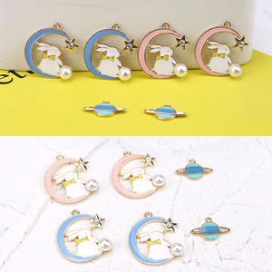 DIY Rabbit Moon and Planet Charms Set with Drip Oil Finish and Pearl Accents