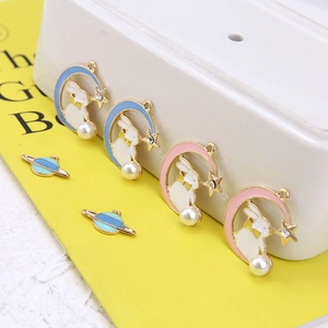 DIY alloy enamel moon rabbit and planet pendants with pearls and rhinestones