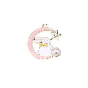 Kawaii rabbit on crescent moon pendant with rhinestones and pearl for DIY jewelry