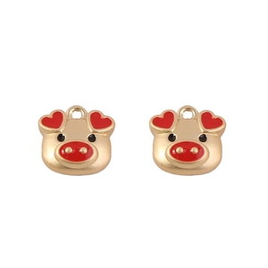 Goldene Schweine-Anhänger mit roten Herzohren und Emaille-Nase für DIY-Ohrring-Schmuckherstellung