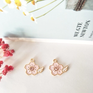 Pink sakura flower alloy charms with white wings and rhinestone for DIY earrings