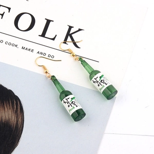 Miniature resin green beer bottle pendant earrings with golden hooks for creative jewelry DIY