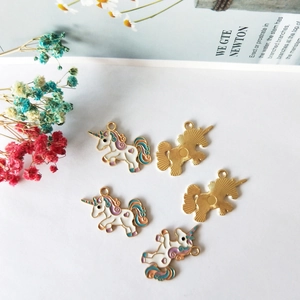 Set of five gold-plated enamel unicorn pendants for DIY jewelry making accessories