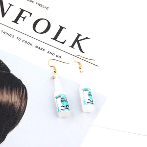 Creative resin earrings featuring Korean rice wine bottle pendants on gold hooks