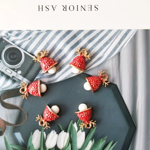 Set of 6 Christmas red enamel bell charms with gold reindeer antlers for DIY jewelry making