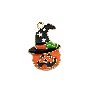 Halloween pumpkin ghost pendant with witch hat in colorful enamel for DIY jewelry making