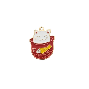 Pendentif chat porte-bonheur en émail avec poisson doré pour création de bijoux DIY