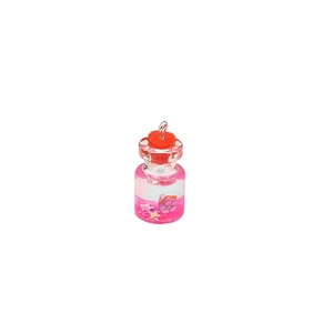 Mini bottiglia dei desideri con liquido rosa, fiori viola e anello in metallo argento