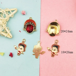 Peking Opera mask charms in enamel alloy with red crystals and cartoon warrior designs