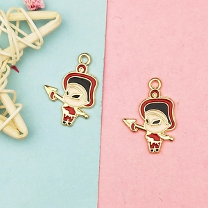 Detail view of two Peking Opera warrior charms with red enamel and gold-plated outlines