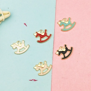 Five colorful rocking horse alloy charms for DIY jewelry making with gold plated edges