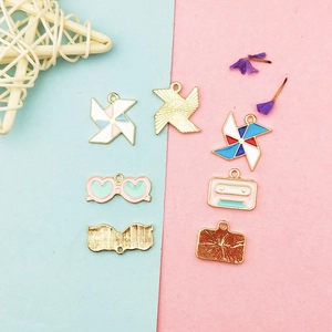 DIY gold alloy charms set featuring colorful windmill, heart glasses and vintage cassette