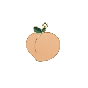 Pink peach fruit pendant with green leaves and gold edges for jewelry making