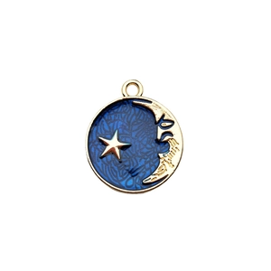 Golden celestial star and moon charm with deep blue enamel inlay for DIY jewelry making