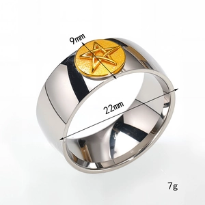 Minimalist two-tone titanium star ring featuring a 9mm gold logo on a polished band