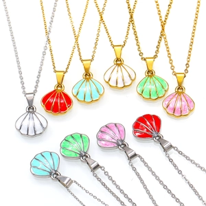 Titanium Steel Scallop Shell Enamel Pendant Necklace Fashion Enamel Drip Clavicle Chain Ocean Style Jewelry For Women Daily Wear