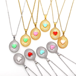 Vintage Titanium Steel Heart Pendant Necklace For Women Gold Plated Drip Oil Sunburst Texture Oval Heart Charm Necklaces Jewelry Gift