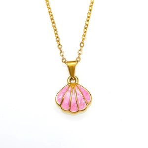 Elegant gold titanium steel necklace with pink enamel scallop shell pendant for women