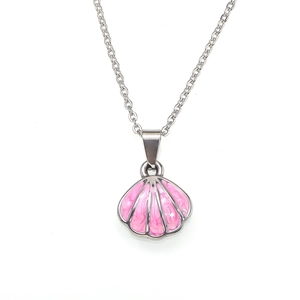 Macro detail of silver O-chain and pink shell pendant with marble texture and enamel finish