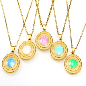 Luxury Titanium Steel Irregular Polygon Enamel Pendant Necklace Sunburst Radial Texture Gold Plated Clavicle Chain Necklace For Women