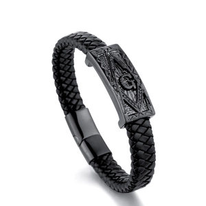 Herren Armband aus schwarzem Ledergeflecht mit schwarzem Freimaurer-Stahlsymbol
