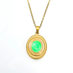 Elegant gold titanium steel necklace with green marble pendant and pleated sunburst design