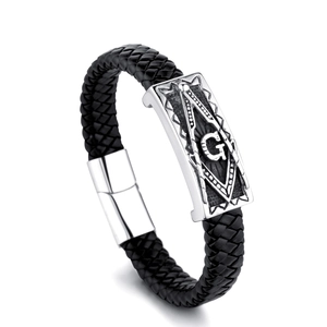 Herren Geflochtenes Lederarmband Freimaurersymbol G Buchstabe Legierung Metallplatte Magnetverschluss Trendiger Lässiger Handschmuck