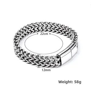 Polished stainless steel double row wheat link chain bracelet for men with magnet clasp